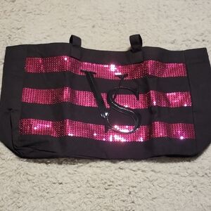 Victoria's Secret Black and Pink Sequined Stripes Oversized Weekender Tote